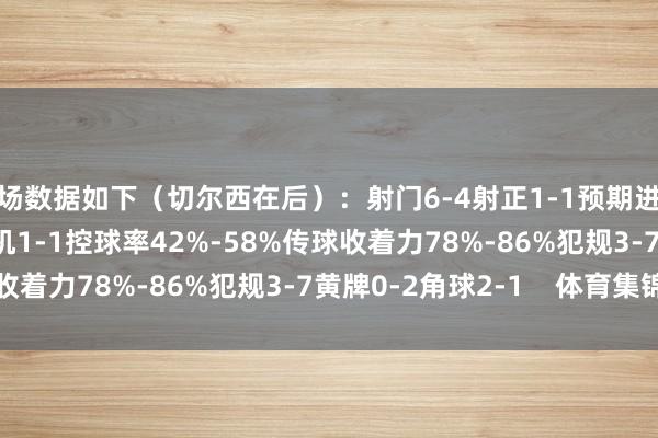 半场数据如下（切尔西在后）：射门6-4射正1-1预期进球0.56-0.33进球契机1-1控球率42%-58%传球收着力78%-86%犯规3-7黄牌0-2角球2-1    体育集锦